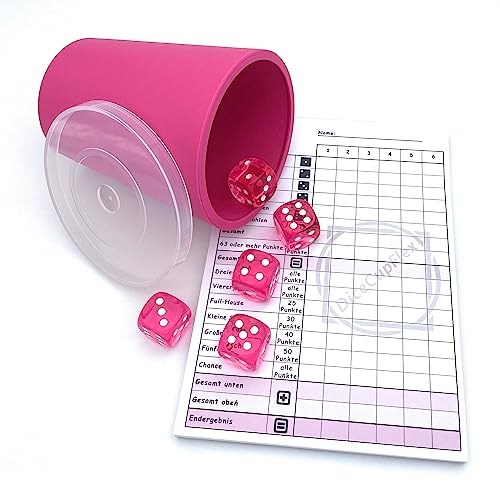 DiceCupFlex - Flexibler Würfelbecher mit Deckel inkl. 5 Würfel und Würfelblock, Spielblock - Made in Germany (Pink)