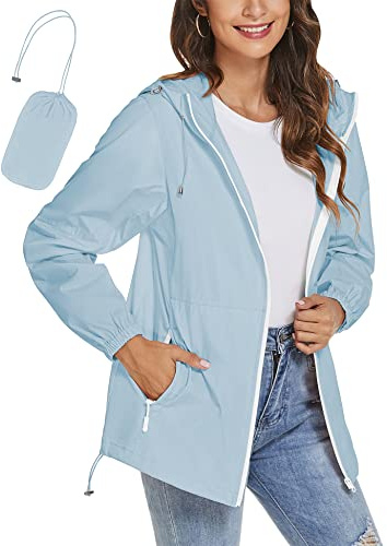 iWoo Waterproof Jackets Women Raincoat Ladies Lightweight Jackets Summer Long Sleeve Hooded Rain Jackets Light Blue M