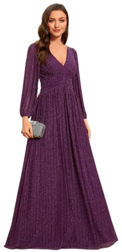 Ever-Pretty Robe de Soirée Femme Longue Brillants Plissé A Line Col V Chic Glycine Violette 44