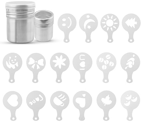 2 spargitore per zucchero a velo con 16 fogli di stampa, spargitore per cappuccino, cacao, in acciaio inox, per zucchero a velo, cacao, pepe