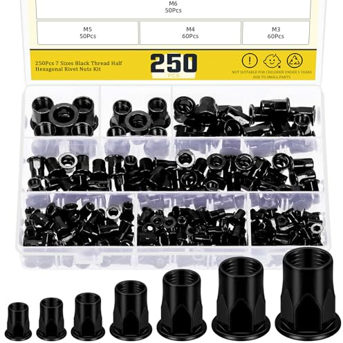 Mardatt Lot de 250 écrous à riveter M3 M4 M5 M6 M8 M10 M12 demi-corps de sorcière métrique à bride écrous filetés, filetage demi-hexagonal en acier au carbone galvanisé, tête plate, noir