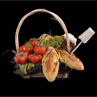 Chianese Miniatura Cesto con Pane, Pomodoro e Formaggio in Cera – Accessorio Artigianale per Presepe Napoletano, Perfetto per Scene di Mercato e Botteghe – 8x5x8 cm