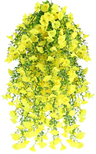 msymsyu 80cm Flores Colgantes Artificiales, 4Pcs Plantas Colgantes Artificiales Exterior, Flores Artificiale Exterior, Ideales para Interiores y Exteriores, Balcones, del Hogar (Amarillo)