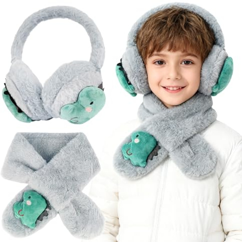 Winter Fluffy Ear Muffs Scarf Set for Kids, Thermal Warm Earmuff Plush Scarf Dinosaur Cold Weather Accessories Sets for Boys Girls Winter Gifts Skiing Outdoor Sports