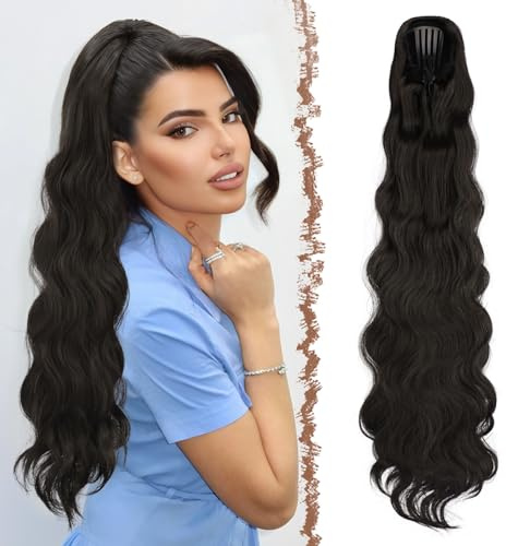 FESHFEN 75 cm Coda Cavallo Extension con Coulisse, Lunga Ricci Ondulati Coda Capelli Extension Sintetici Pettini Clip in Capelli Posticci, Nero Marrone Coda di Cavallo Naturale per Donna
