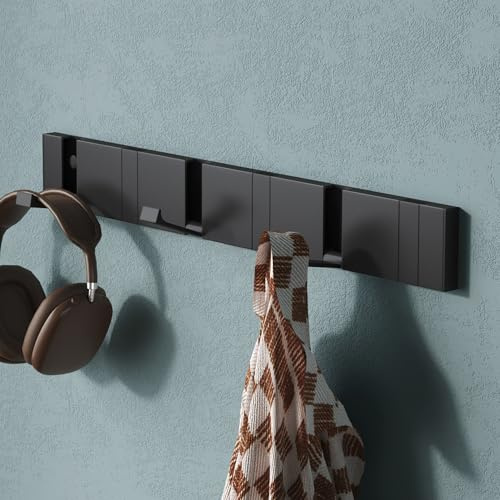 Mai & Mai Wandgarderobe Wandhaken aus Aluminium Garderobe mit 6 klappbaren Haken Garderobenleiste Garderobenhaken Kleiderhaken 45,5cm Schwarz
