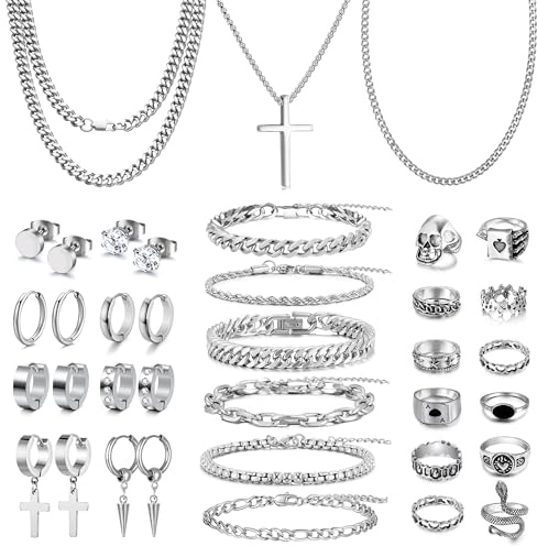 FEYIR 37 Pcs Jewelry Set for Men Stainless Steel Cuban Link Necklace Bracelet Vintage Rings Hoop Stud Earrings Mens Fashion Jewelry