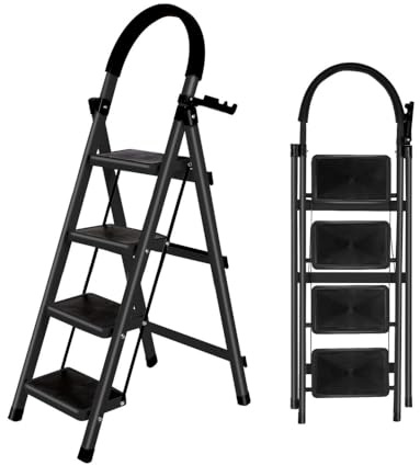 OHMG - Escalera de 4 pasos con plataforma de trabajo, carga 150 kg escalera plegable, ancho pie plegable antideslizante, taburete de acero para caminar, pie adulto, carga 180 kg