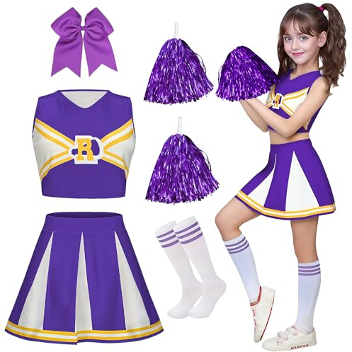 Costume da cheerleader per bambini, da cheerleader, per ragazze, da cheerleading, uniforme, vestito da cheer leader, per bambini, costume di carnevale con elastico per capelli, pompon e calzini per