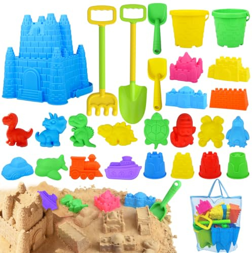 Beach Toys for Kids,28PCS Sand Castle Building Kit with 3 Castle Bucket and Sand Molds,Shovels and Rakes,Mesh Bag,Sandbox Toys for Toddlers,Outdoor Travel Beach Toys for Kids Boys Girls Age 3-10
