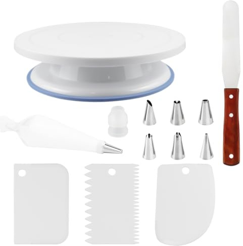 XZMCAT Bandeja giratoria para tartas de 28 cm – Soporte para tartas 360° con 7 boquillas, espátula, manga pastelera y 3 espátulas, plato giratorio para hornear, decoración de tartas, accesorios de