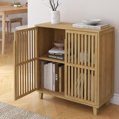 [en.casa] Armario Auxiliar Sirgerg con 2 Puertas Permeables Aparador para Salón Multiusos con 2 Compartimentos Cerrados para Comedor Baño Sala Oficina Bambú 77 x 72 x 33 cm Natural