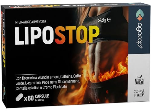 LIPOSTOP Integratore Alimentare con Bromelina, Caffeina, L-Carnitina e Glucomannano – con Caffè Verde e Centella Asiatica – 60 Capsule – Agocap