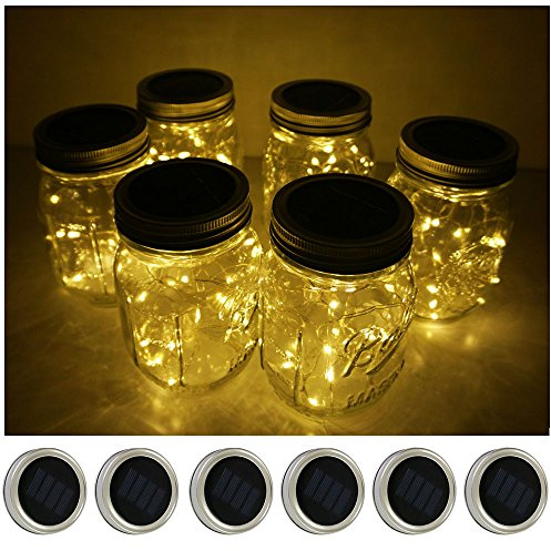 Decorman Solar Mason Jar Lid Lights, 6 Pack 10 LED Waterproof String Fairy Star Firefly Jar Lids Lights for Patio Garden Yard Lawn Party Wedding Christmas Decoration(Jars & Hangers Not Included)