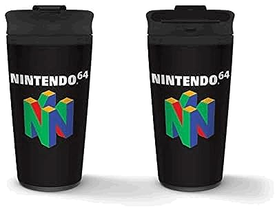 NINTENDO N64 Thermobecher aus Metall (N64 Design) 450ml Füllmenge, Reisebecher, Kaffeebecher - Offizielles Lizenzprodukt