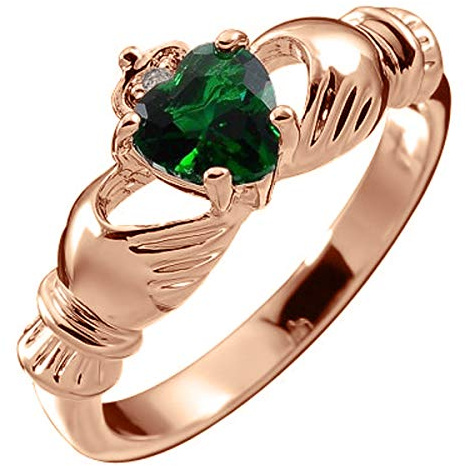 GWG Jewellery 18K Rose Gold Coated Claddagh Love Ring with Emerald Green Heart Stone, Hands, and Crown – 5 in Gift Box for Women