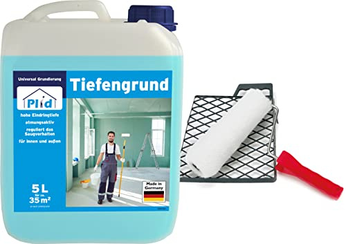 Plid® Tiefengrund bläulich 5L Set inkl. Anstreichset - Grundierung für Beton - Haftgrund für Fassadenfarbe - Vorbereitung für Rollputz & Farbe - Tapetengrund für Rauhfaser - universell einsetzbar