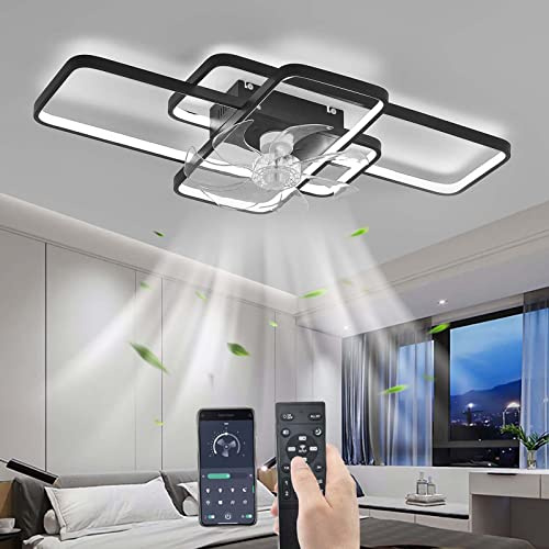Tyst Takfläkt med belysning LED 80W Dimbar Taklampa för fläkt med fjärrkontroll, Modern Lampa för takfläkt för Vardagsrum Matsal sovrum Kök, Justerbar 6 hastigheter, Svart 85CM