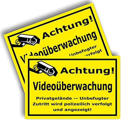 2 Stück - Videoüberwachung Schild (30x20 cm 3 mm Kunststoff) - schild videoüberwachung privatgrundstück - Achtung Videoüberwachung Schild - Warnschilder und Hinweisschilder