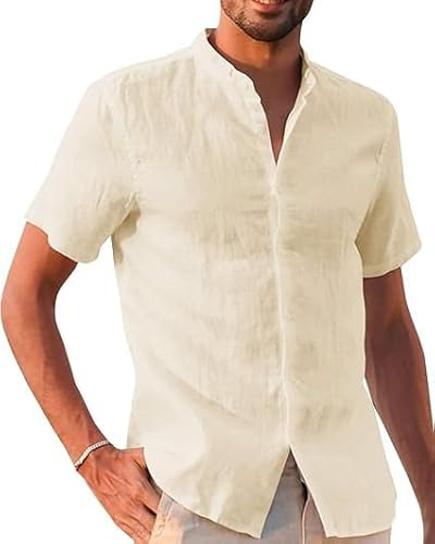 Runcati Camicia in lino, da uomo, a maniche corte, per il tempo libero, vestibilità normale, da spiaggia, tinta unita, casual, beige., XL