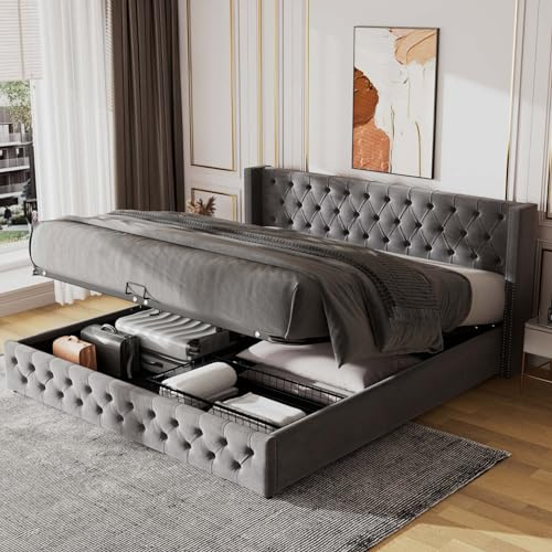 KOMHTOM Lit Double Rembourré avec Tête de Lit, Lit Coffre avec Rangement sous Lit, Cadre de Lit, Sommier à Lattes, Gris(sans Matelas) (Gris, 180x200cm)