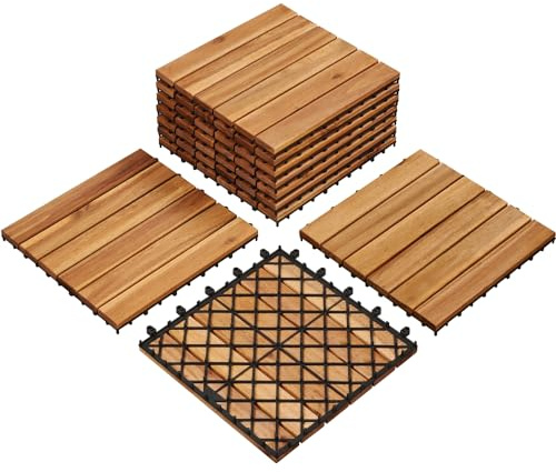 Yaheetech 10pcs Baldosas de Madera de Acacia 30x30cm, 0,96 m² Suelo Terraza Exterior Azulejos para Balcón Jardín Instalación Sencilla