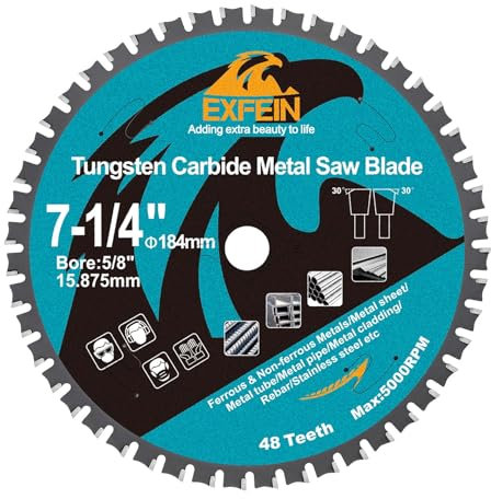 184mm Hoja de Sierra Circular para Corte de Metal - EXFEIN Disco de Corte con Punta de Carburo de Tungsteno 48T para Acero Acero Inoxidable Metales Ferrosos Tubo de Acero