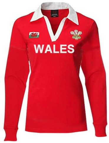 Manav Ladies Hannah Wales Long Sleeve Rugby Shirt Womens Classic V-Neck Collar Cotton Shirt Top Breathable Quick Dry Lightweight Performance Sports Outdoor Wales Welsh Red