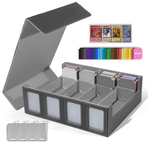 Matlarn Boîte Rangement Carte, Boîte à Cartes pour de 3000+ Cartes, Magnétique Cuir Card Box Avec 24 Séparateurs Colorés et 4 Clips de Clôture, MTG Deck Boxs pour TCG CCG Yugioh, Gris