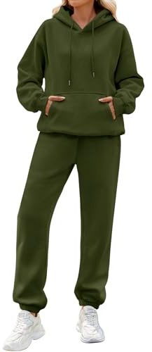 CMTOP Survêtement Femme Ensemble 2 Pièce Polaire Chaud Lounge Set Décontracté Tracksuit Automne Hiver Ensembles de Sport Sweat à Capuche et Pantalon Jogger Suit pour Fitness Hip Hop(Vert Armée,XXL)