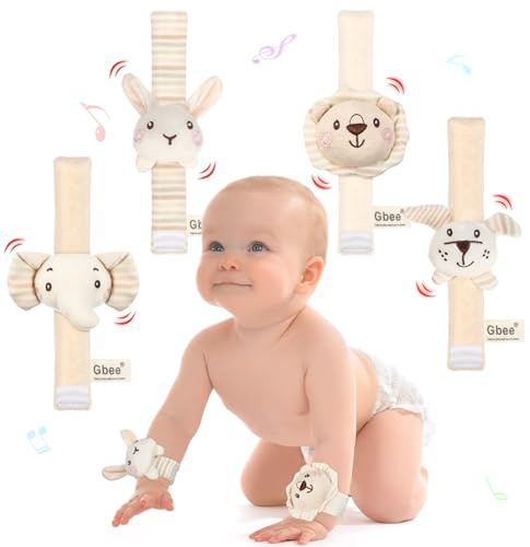 Wovnet 4 Pieces Baby Wrist Rattles Animal Pattern Newborn Rattle Foot Rattles Toy for Babies Boy Girl Infant Birthday Gifts Educational Toys, 4 Designs (Rabbit Dog Lion Elephant)
