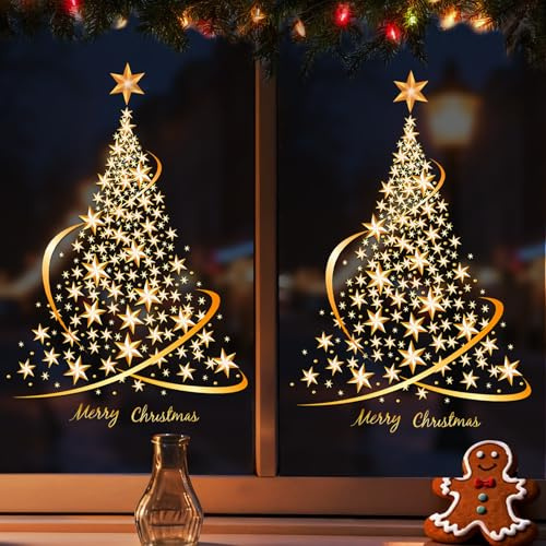 Lot de 2 autocollants dorés pour fenêtre de sapin de Noël - Autocollants statiques dorés - Film de fenêtre de Noël pour bricolage, mur, fenêtre, porte pour vitrine (A)
