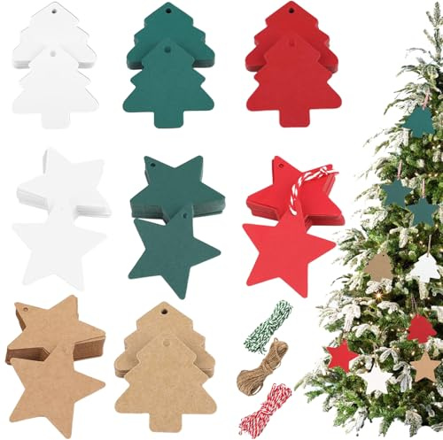 CHIHOLEN 160 etiquetas de regalo de papel kraft, etiquetas de Navidad con cuerda, etiquetas de árbol de Navidad y etiquetas de estrella, etiquetas de Navidad para regalos de manualidades