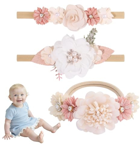 BAUCH Bandeau Bebe Fille 0-3 Mois 3 Pièces Bandeaux Fleurs Créatives pour Enfants (Élastique en Nylon, Parure Quotidienne, pour Filles)