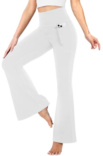 TNNZEET Slagbyxor, dam, hög midja med fickor, yogabyxor, utsvängda leggings, ogenomskinliga, bootcut, jazzbyxor, joggingbyxor för gym, sport, Vit, S