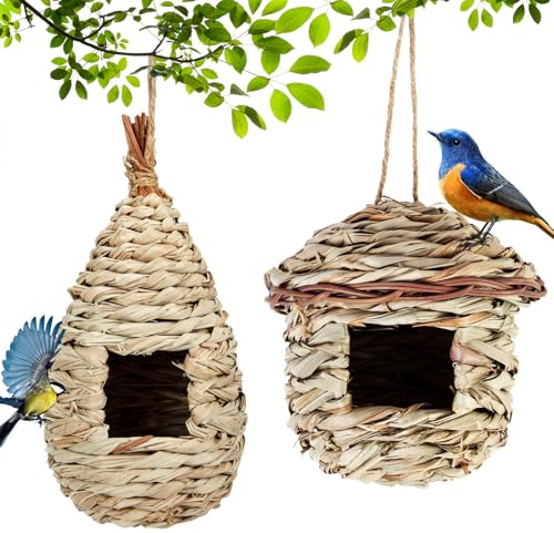 Natural Casa degli Uccelli di Paglia, 2 Pezzi Casetta per Uccelli, Nido Artificiale da Esterno, Natural Casa degli uccelli di paglia, per Piccoli Uccelli Come Colibrì, D