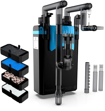 FZONE Filtre Aquarium Suspendu HOB pour Petits Aquariums de Poissons, Filtre Nano Aquarium 4 Étapes, Filtration Externe Aquarium, Débit Réglable 198 GPH, Sorties Pluie, Bec de Canard, Flux Direct (L)