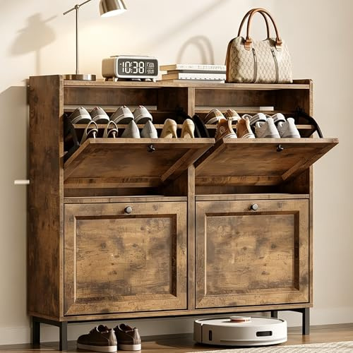Blishom Armoire à Chaussures, Rangement d'Entrée avec 4 Portes Abattantes, Capacité 16-24 Paires de Chaussures, Idéal pour Entrée, Couloir, Petits Espaces, Salon, 99x24x91 cm (Rétro, 4 Portes)