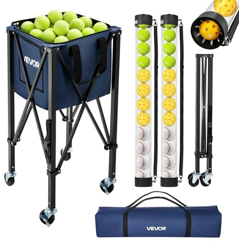 VEVOR 3-in-1 Tennis & Pickleball Hopper, with Pickup Tube, Foldable Pickleball Basket Cart with with Wheels, Holds 150 Tennis Balls or 260 Pickleballs, Portable Pickleball Caddy Holder, for Training