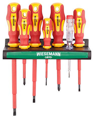 Juego de 7 destornilladores aislados y buscapolos con soporte de WIESEMANN 1893 I Aprobado por la VDE | Destronilladores para electricistas I Planos y PH I 80218