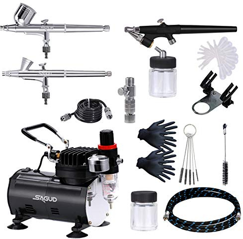 SAGUD Airbrush Kit with Compressor, Include 3 Air Brushes 0.2mm 0.3mm 0.8mm and 240V Quiet Compressor Set Air Brush Accessories Cleaning Kit