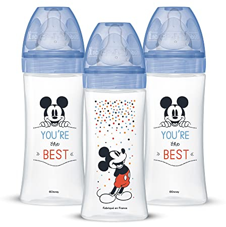 Dodie Lot de 3 Biberons Anti-Colique Initiation+, Mickey, 330ml, +6 Mois, Tétine Ronde, Débit 3
