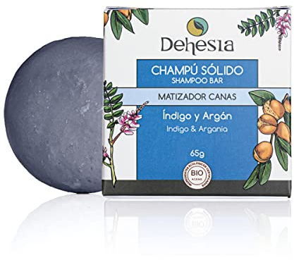 Champú sólido Matizador BIO sin sulfatos para cabello blanco, canoso o con mechas | Natural, 100% vegano y ecológico | Corrige el amarillento del cabello blanco o teñido | Con índigo, coco y argán