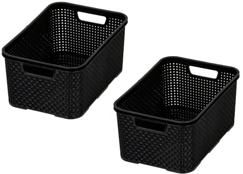 BranQ - Home essential Korb in Rattan Design 2er Set Grösse L 19 l, BPA-frei Kunststoff PP, Schwarz, 38x27,8x18,5 cm, 2 Stk.