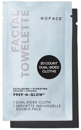 NuFACE Prep-N-Glow Facial Towelettes - 2-in-1 Exfoliating + Cleansing Makeup Remover Wipes, Hyaluronic Acid Travel Face Wipes to Hydrate & Brighten for Glowing Skin - 20 Individually Wrapped Cloths