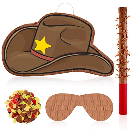 Lewtemi 15.7 Inch Cowboy Hat Piñata Western Cowboy Theme Birthday Party Decors Favors with Blindfold Stick Confetti Photo Prop Candy Holder Baby Shower Party Supplies(Simple)