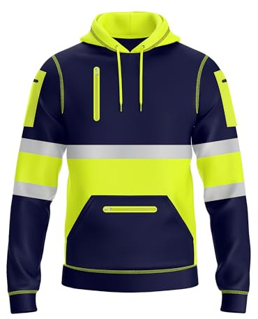 NOROZE Herr Hi-Viz pullover huvtröja grå reflekterande tejp hög synlighet säkerhetsrock med 4 dragkedja verktygstelefon och tillbehör fickor sweatshirt toppjacka UK storlek S-XXL, Stil 2: Neongrön/marinblå, S