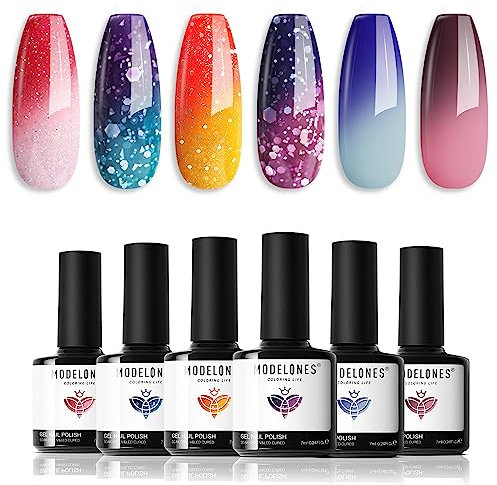 Modelones Color Changing Gel Nail Polish, 6 Colors Pink Glitter Blue Purple Temperature Change Nail Polish Gel Set Soak Off Neon Nail Art DIY Salon Manicure Holiday Gifts