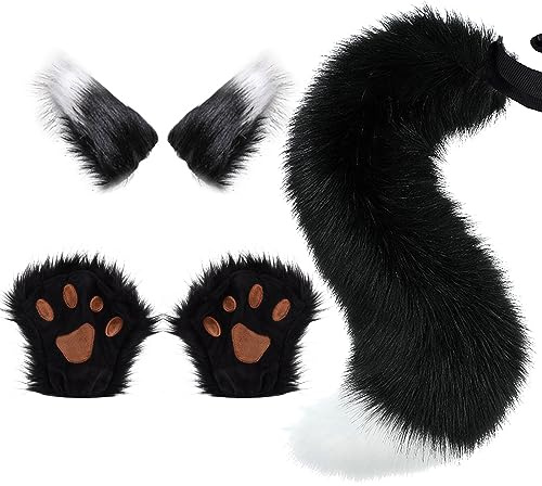 Ulikey Wolf rävsvans kläm-set, halloween fuskpäls kattöron plysch varg rävsvans barn kostym set med svans pannband och handskar set för halloween, karneval