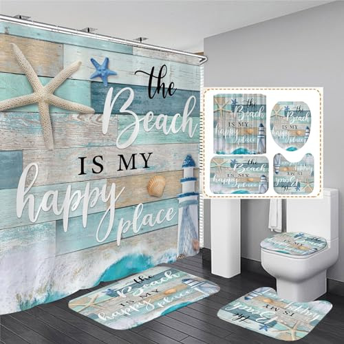 Chrainy Juego de 4 Cortinas de Ducha náuticas del océano, Juego de baño de Madera de mar con alfombras Antideslizantes en Forma de U, Cubierta de Tapa de Inodoro, Estrella de mar, Faro de baño,